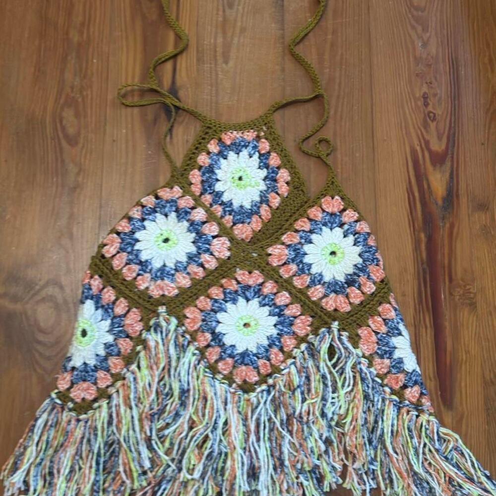 Free People Summer Love Crochet Granny Square Fringe Halter Top XS/S Boho